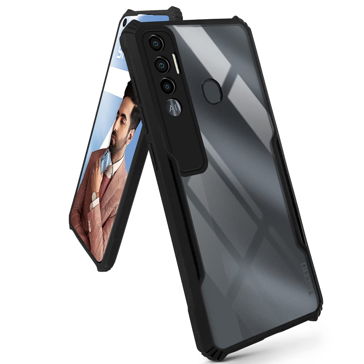 For Tecno Spark 7 Pro Back Case Cover (Crystal Glass Back | Camera Protection | Shockproof | Professional Black)