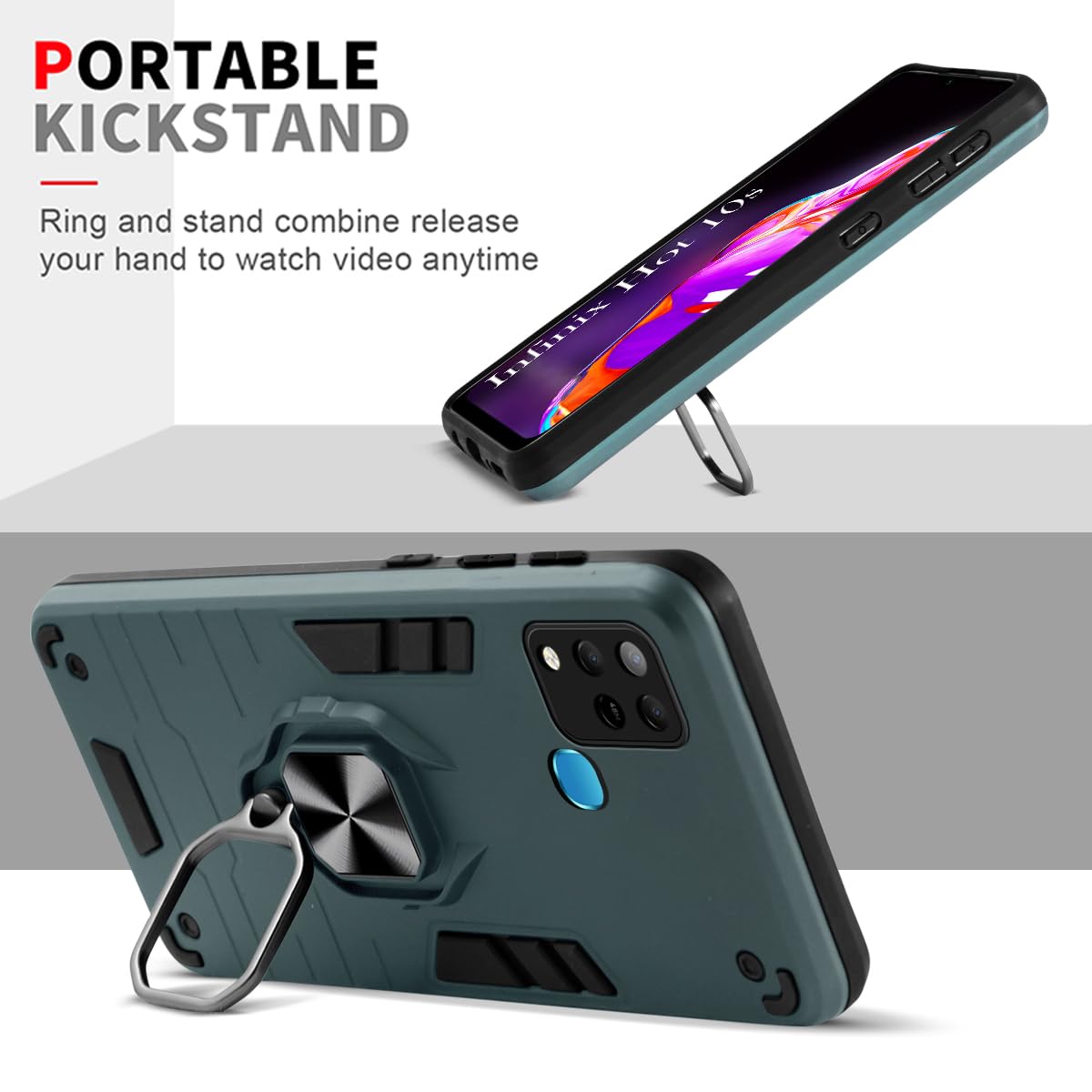 For Infinix Hot 10s Back Cover Case (Dual Layer Hybrid Armor | Ring Holder & Kickstand in-Built | 360 Degree Shockproof Protection)