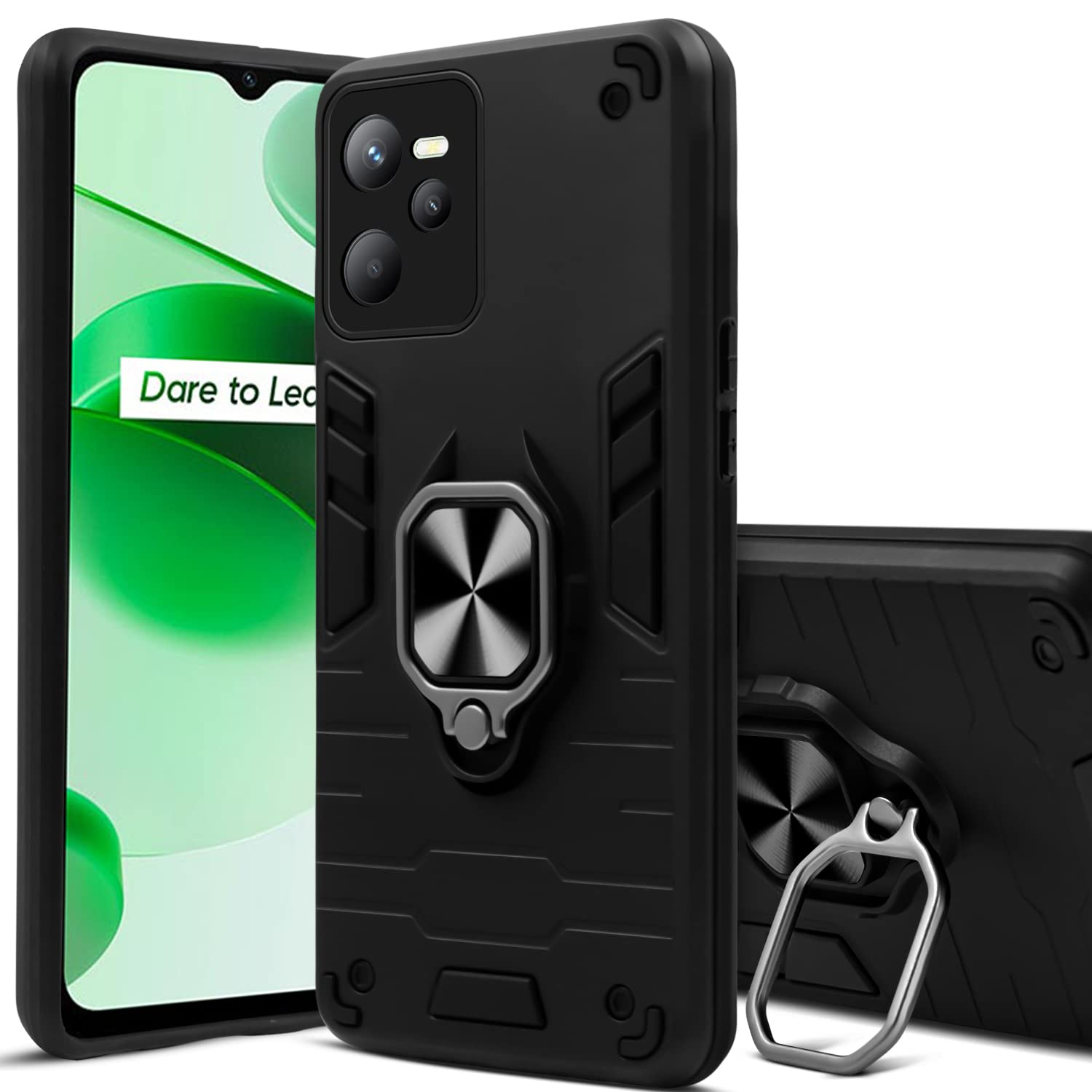 For Realme C35 Back Cover Case (Dual Layer Hybrid Armor | Ring Holder & Kickstand in-Built | 360 Degree Shockproof)