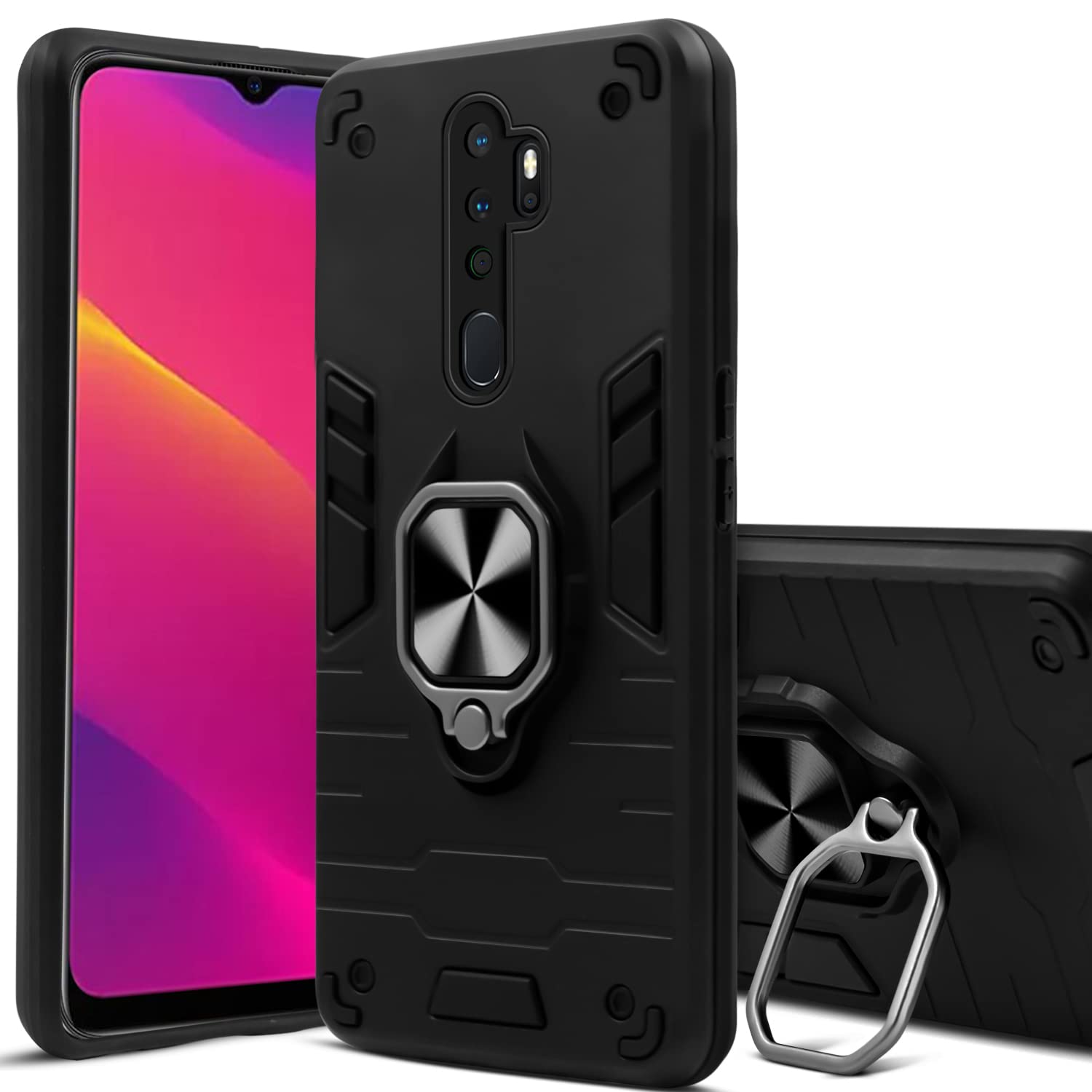 For Oppo A5 (2020) | Oppo A9 (2020) Back Cover Case (Dual Layer Hybrid Armor | Ring Holder & Kickstand in-Built | 360 Degree Shockproof Protection)