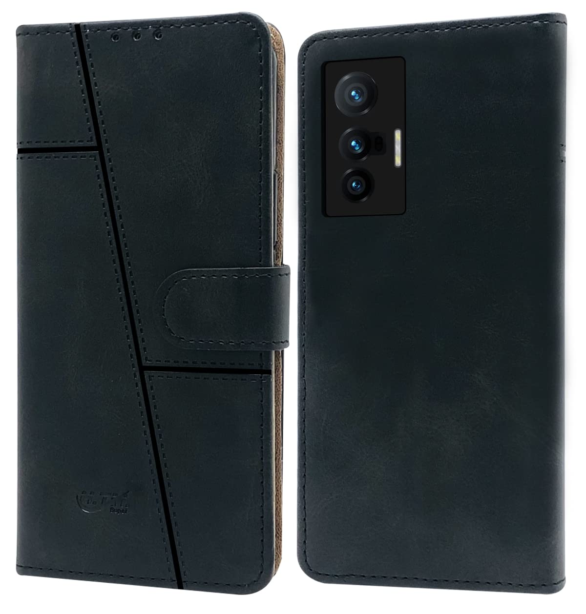For Vivo X70 Flip Cover Case (Stitched Leather Finish | Magnetic Closure | Inner TPU | Foldable Stand | Wallet Card Slots)