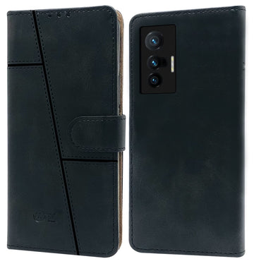 For Vivo X70 Flip Cover Case (Stitched Leather Finish | Magnetic Closure | Inner TPU | Foldable Stand | Wallet Card Slots)