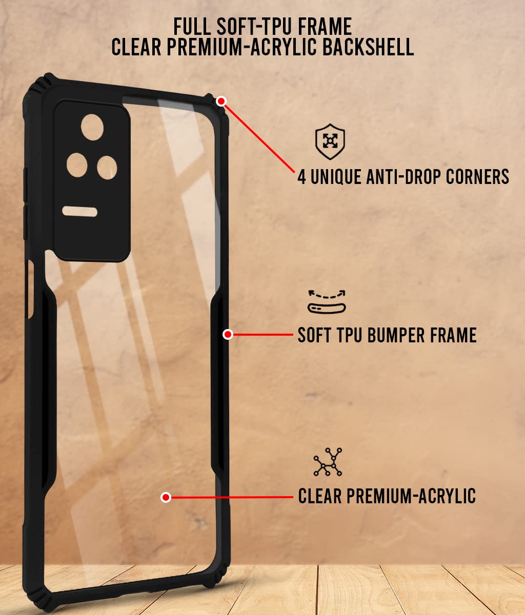 For Poco F4 5G Back Cover Case ( Crystal Glass Back | Camera Protection | Shockproof Bumpers | Professional Black)