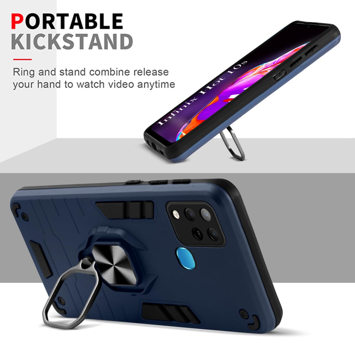 For Infinix Hot 10s Back Cover Case (Dual Layer Hybrid Armor | Ring Holder & Kickstand in-Built | 360 Degree Shockproof Protection)
