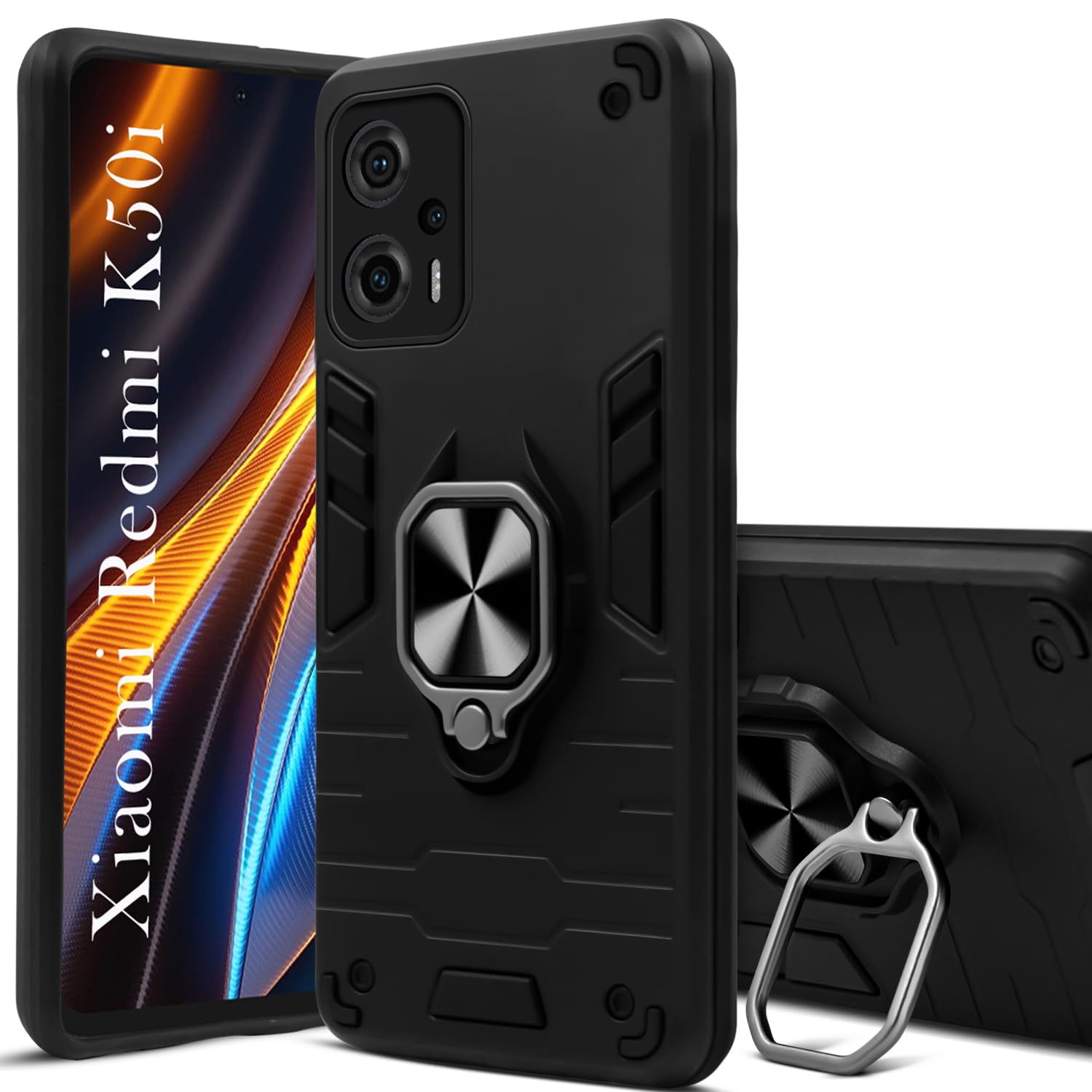 For Xiaomi Redmi K50i Back Cover Case (Dual Layer Hybrid | Ring Holder & Kickstand | 360 Degree Shockproof Protection)