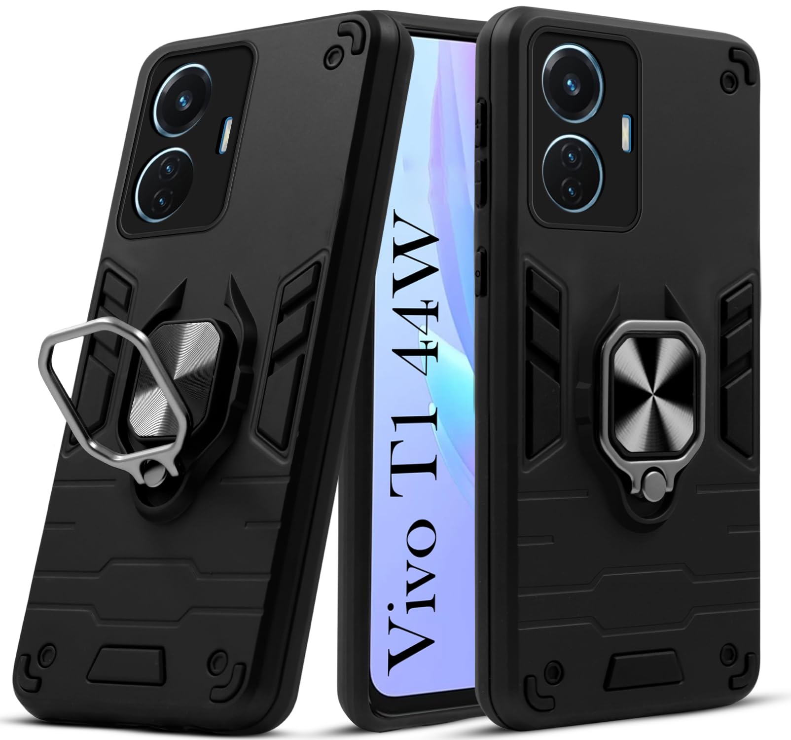 For Vivo T1 44W Back Cover Case (Dual Layer Hybrid Armor | Ring Holder & Kickstand in-Built | 360 Degree Shockproof Protection)