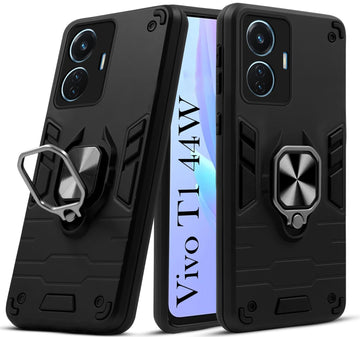 For Vivo T1 44W Back Cover Case (Dual Layer Hybrid Armor | Ring Holder & Kickstand in-Built | 360 Degree Shockproof Protection)