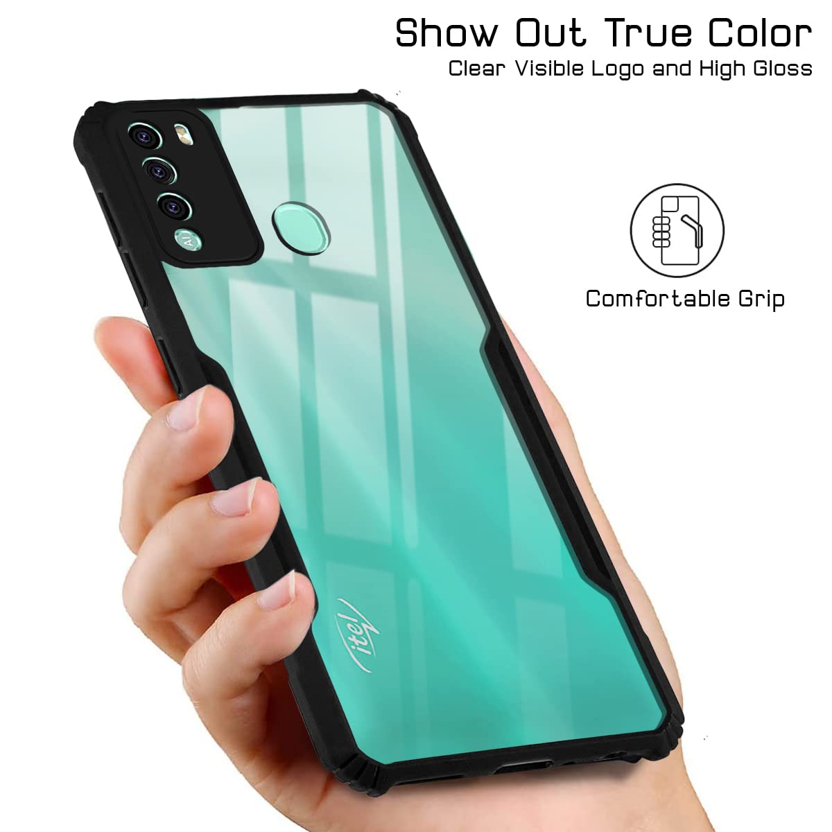For Itel Vision 2 Back Cover Case (Crystal Glass Back | Camera Protection | Shockproof Bumpers)