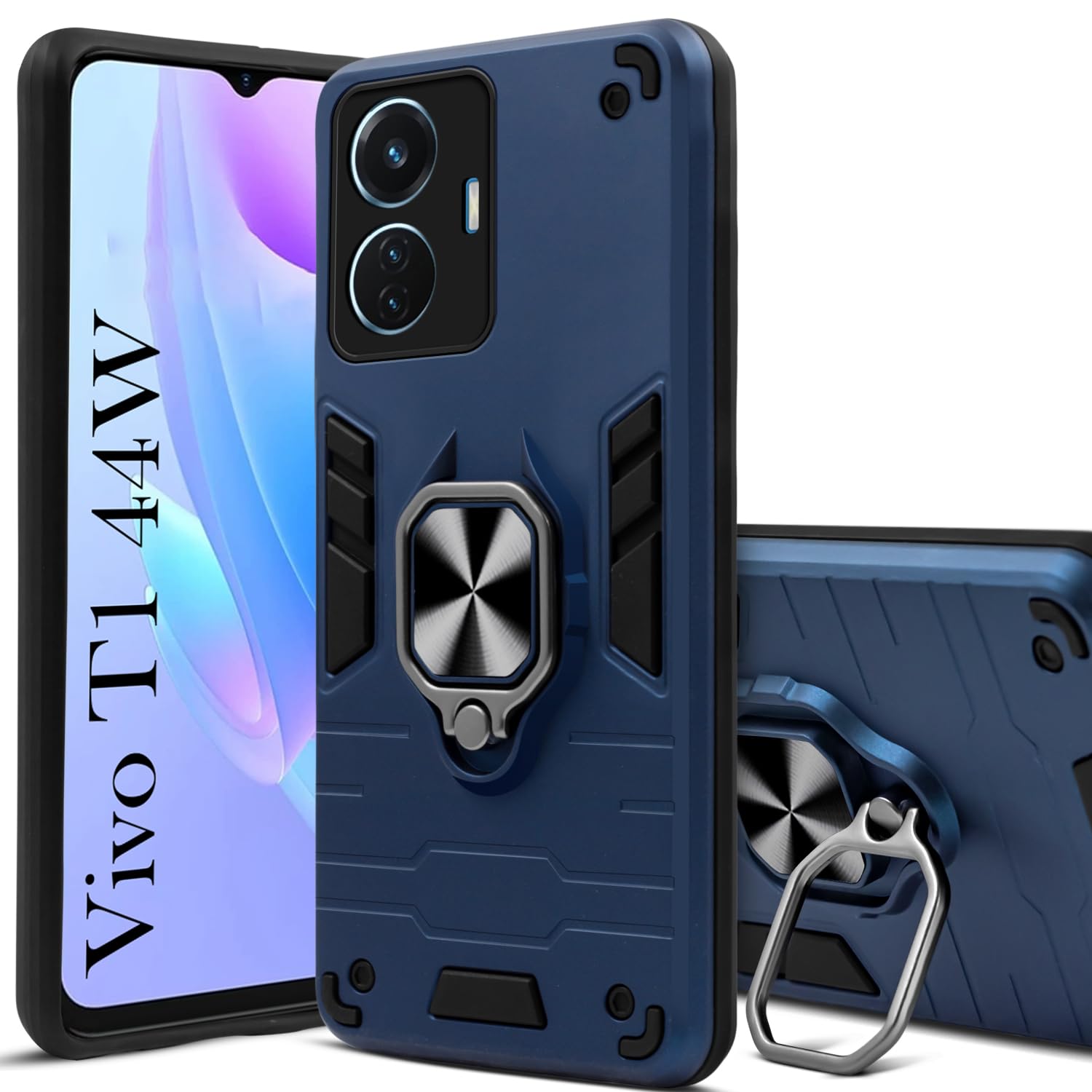 For Vivo T1 44W Back Cover Case (Dual Layer Hybrid Armor | Ring Holder & Kickstand in-Built | 360 Degree Shockproof Protection)
