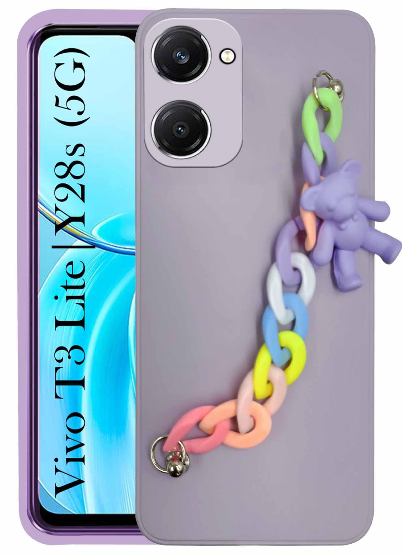 For Vivo T3 Lite 5G | Vivo Y28s 5G Back Cover Girls Case with Bracelet (Wrist Hanging Chain | Teddy Toy Cartoon)