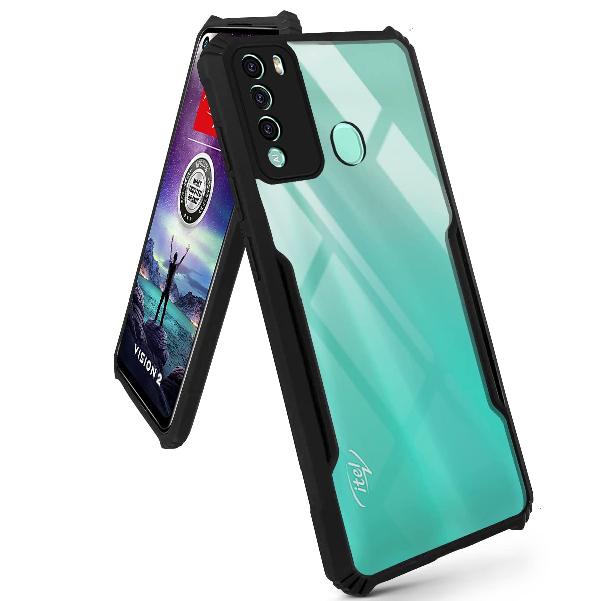 For Itel Vision 2 Back Cover Case (Crystal Glass Back | Camera Protection | Shockproof Bumpers)