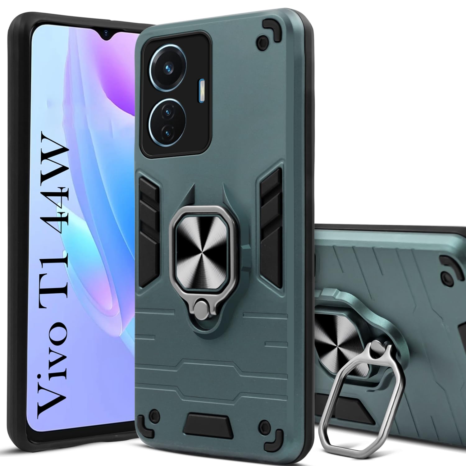 For Vivo T1 44W Back Cover Case (Dual Layer Hybrid Armor | Ring Holder & Kickstand in-Built | 360 Degree Shockproof Protection)