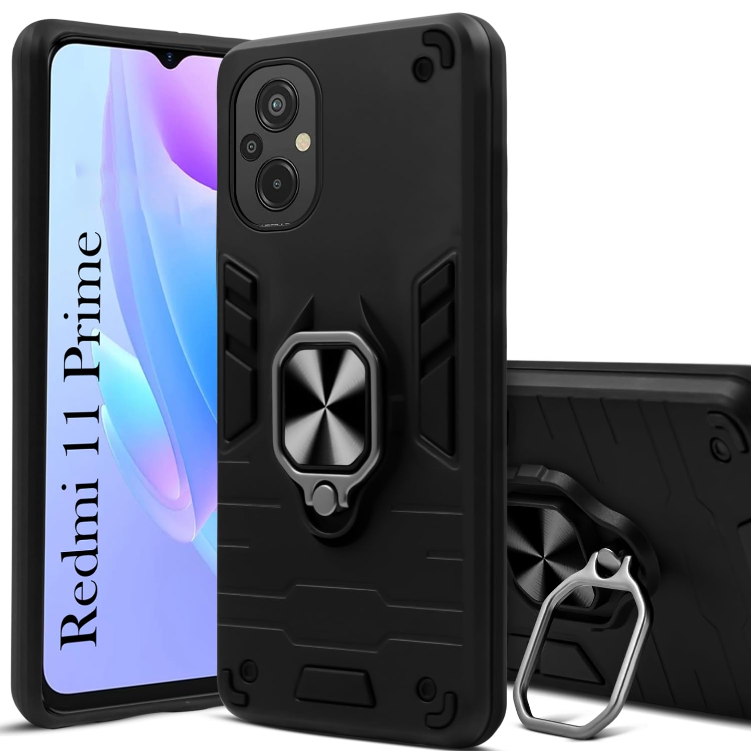 For Xiaomi Redmi 11 Prime Back Cover Case (Dual Layer Hybrid Armor | Ring Holder & Kickstand in-Built | 360 Degree Shockproof Protection)
