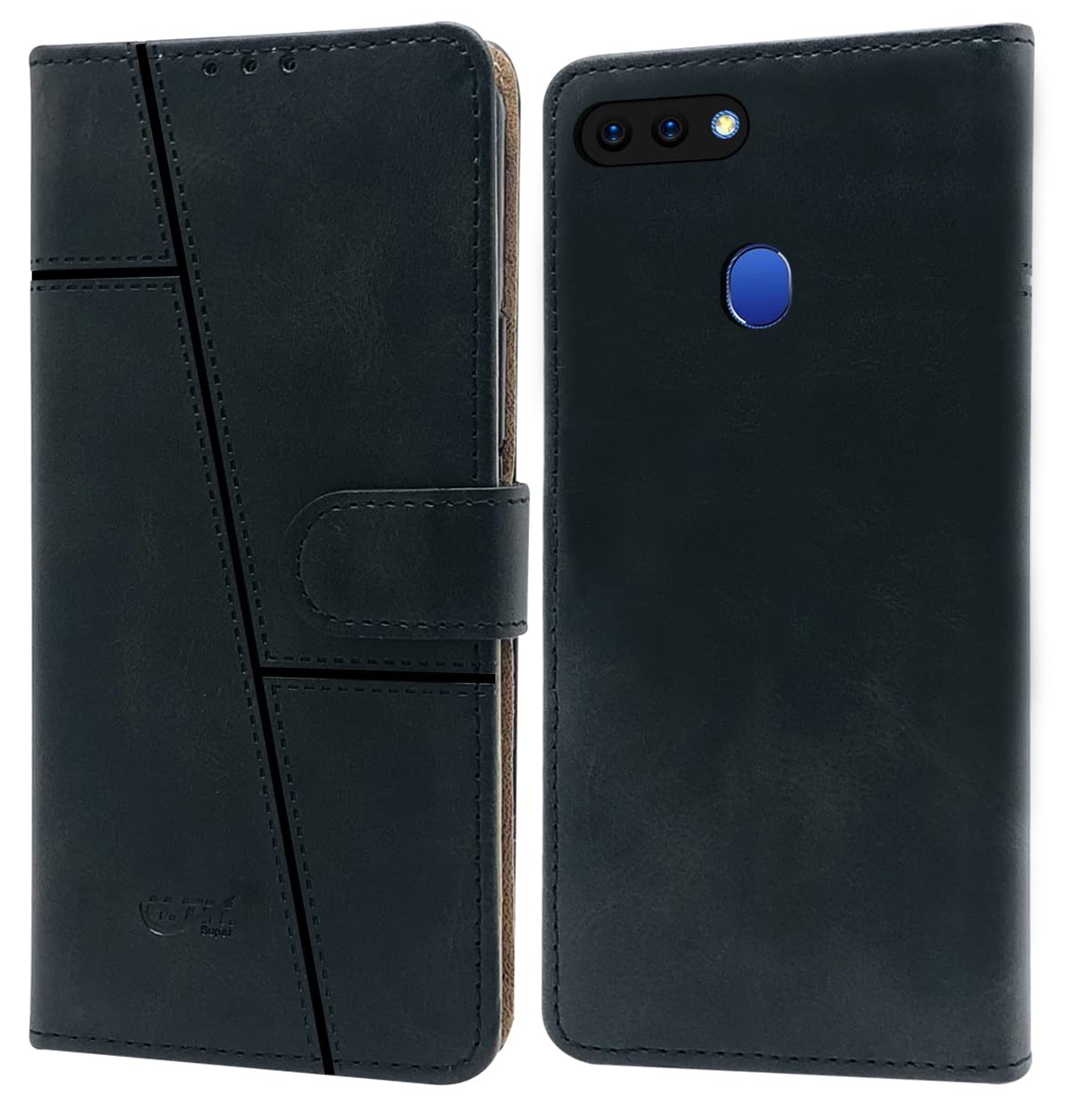 For Realme 2 Flip Cover Case (Stitched Leather Finish | Magnetic Closure | Inner TPU | Foldable Stand | Wallet Card Slots)