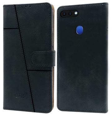 For Realme 2 Flip Cover Case (Stitched Leather Finish | Magnetic Closure | Inner TPU | Foldable Stand | Wallet Card Slots)