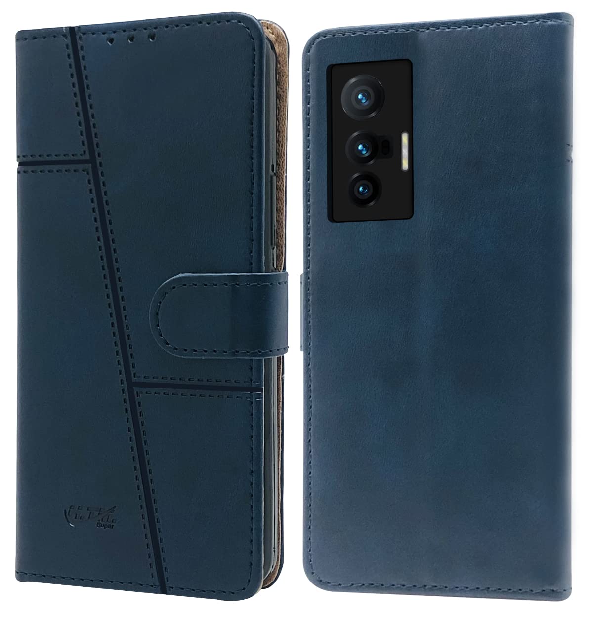 For Vivo X70 Flip Cover Case (Stitched Leather Finish | Magnetic Closure | Inner TPU | Foldable Stand | Wallet Card Slots)