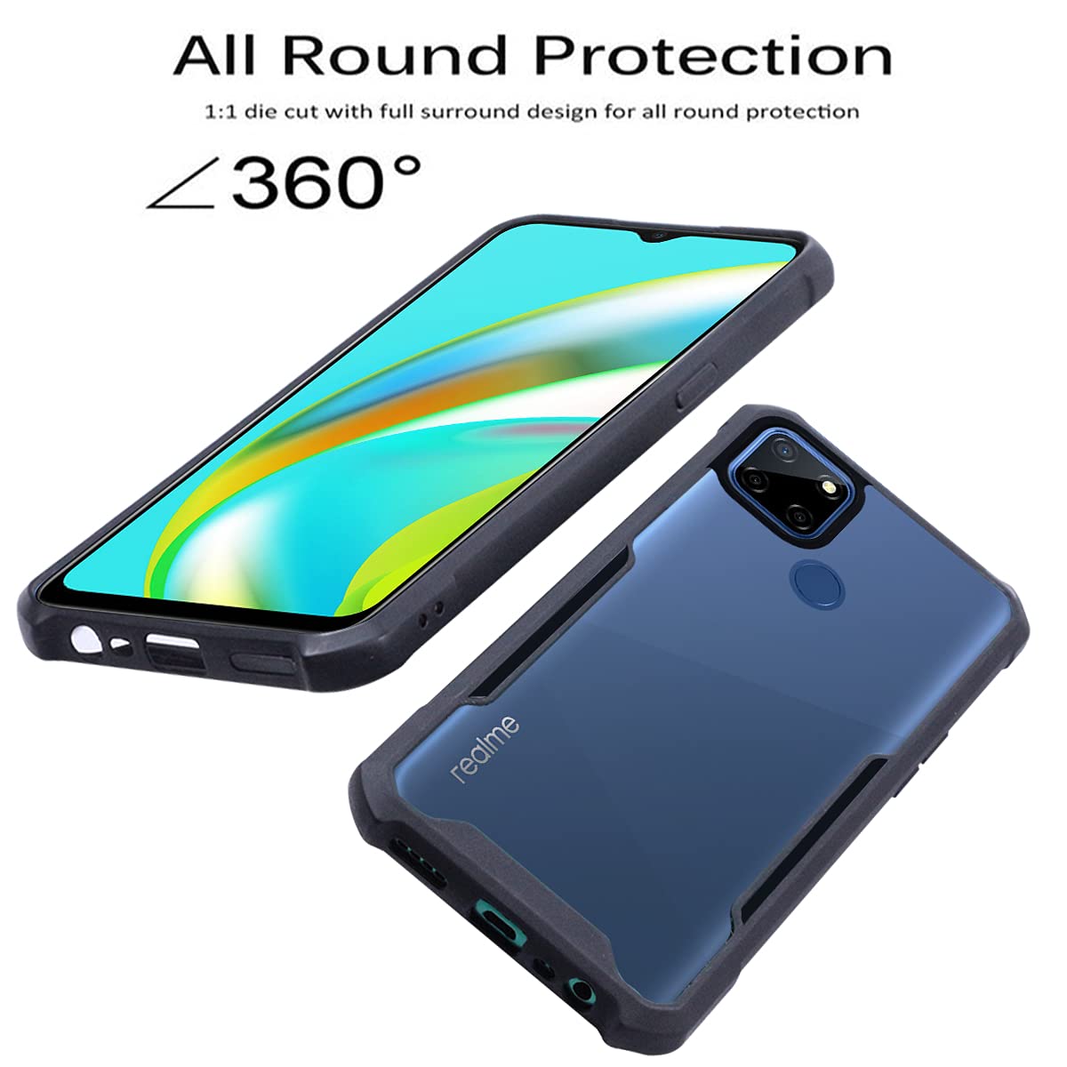 For Realme C25 Back Cover Case (Crystal Glass Back | Camera Protection | Shockproof Bumpers)