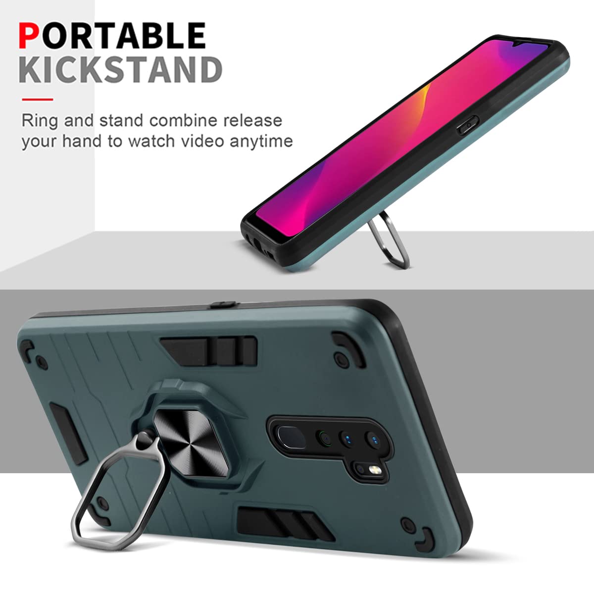 For Oppo A5 (2020) | Oppo A9 (2020) Back Cover Case (Dual Layer Hybrid Armor | Ring Holder & Kickstand in-Built | 360 Degree Shockproof Protection)