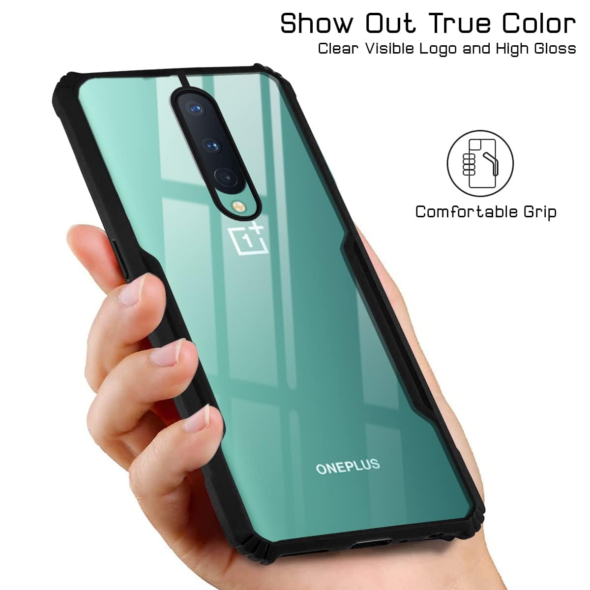 For OnePlus 8 Back Case Cover (Polycarbonate with Shockproof Clear Panel | Crystal Glass Back | Camera Protection | Black)