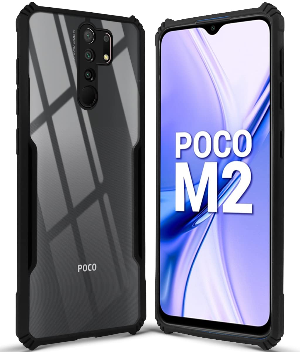 For Poco M2 Back Cover Case (Crystal Glass Back | Camera Protection | Shockproof Bumpers)