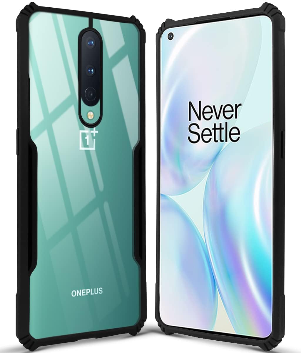 For OnePlus 8 Back Case Cover (Polycarbonate with Shockproof Clear Panel | Crystal Glass Back | Camera Protection | Black)