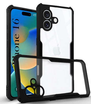 For Apple iPhone 16 Back Case Cover ( Polycarbonate Clear Panel with Shockproof | Black)