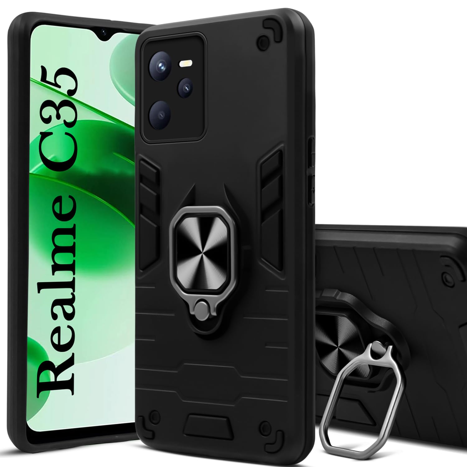 For Realme C35 Back Cover Case (Dual Layer Hybrid Armor | Ring Holder & Kickstand in-Built | 360 Degree Shockproof Protection)