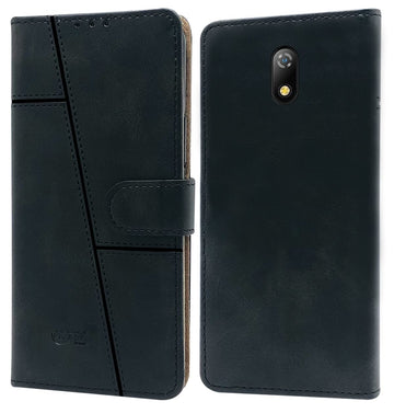 For Itel A23 Flip Cover Case (Stitched Leather Finish | Magnetic Closure | Foldable Stand | Wallet Card Slots)