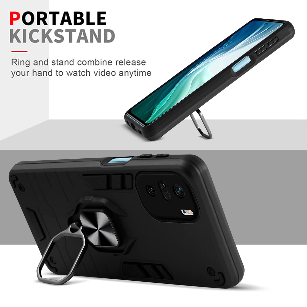For Xiaomi Mi 11X | 11X Pro 5G Back Cover Case  (Dual Layer Hybrid Armor | Ring Holder & Kickstand in-Built | 360 Degree Shockproof Protection | Iron Black)
