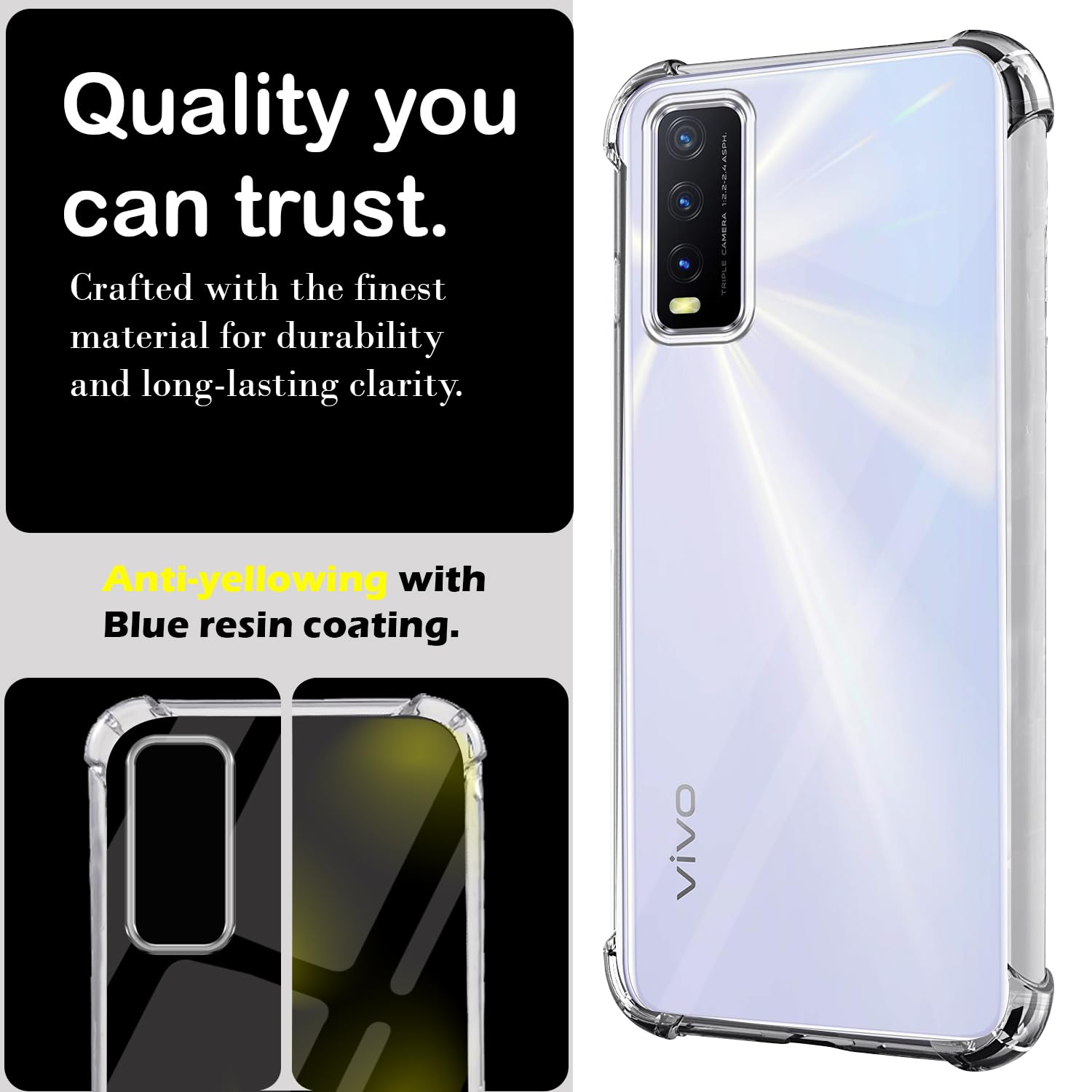 For Vivo Y20 | Y20i Back Cover Case (Shockproof with Polycarbonate Clear Panel)