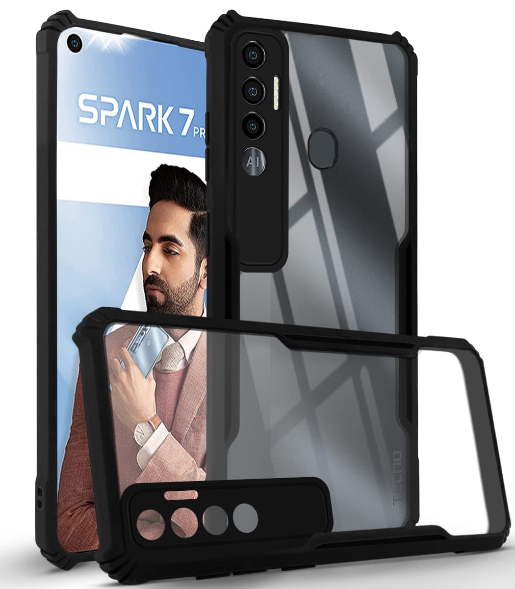 For Tecno Spark 7 Pro Back Case Cover (Crystal Glass Back | Camera Protection | Shockproof | Professional Black)