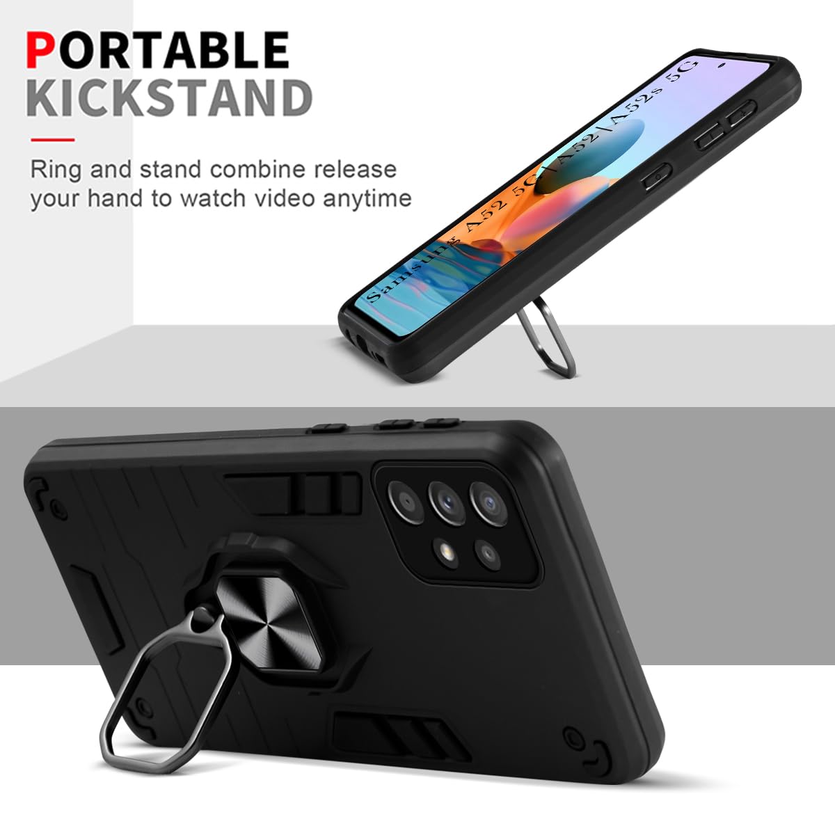 For Samsung Galaxy A52 | A52 5G | A52s 5G Back Cover Case (Dual Layer Hybrid | Ring Holder & Kickstand | 360 Degree Shockproof)