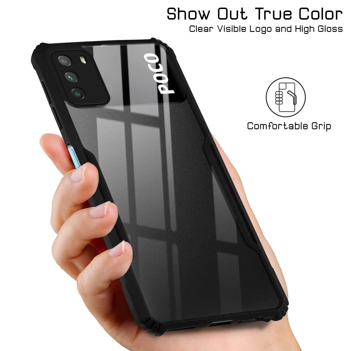 For Poco M3 Back Cover Case (Shockproof with Polycarbonate Clear Panel)