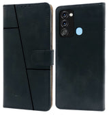 For Itel Vision 3 Flip Cover Case  (Stitched Leather Finish | Magnetic Closure | Inner TPU | Foldable Stand | Wallet Card Slots | Black)