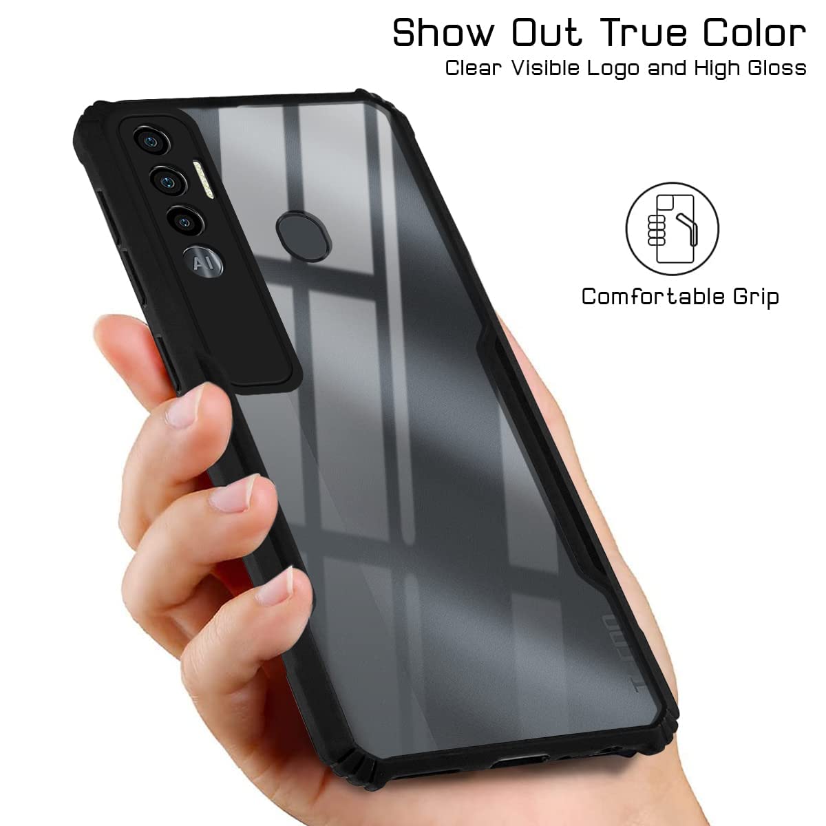 For Tecno Spark 7 Pro Back Case Cover (Crystal Glass Back | Camera Protection | Shockproof | Professional Black)