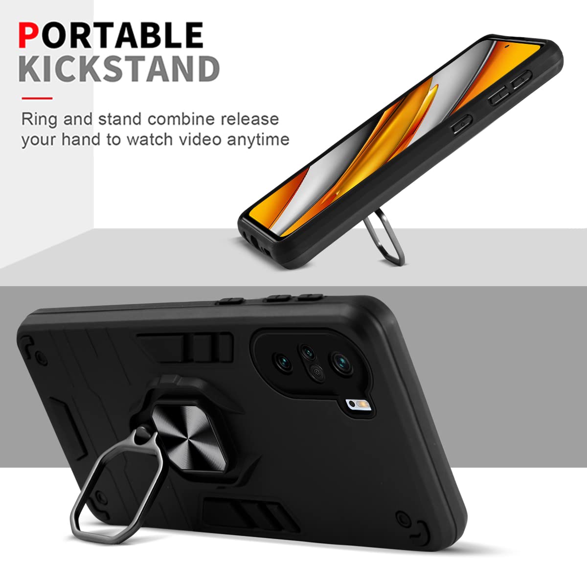For Poco F3 Back Cover Case (Dual Layer Hybrid Armor | Ring Holder & Kickstand in-Built | 360 Degree Shockproof)