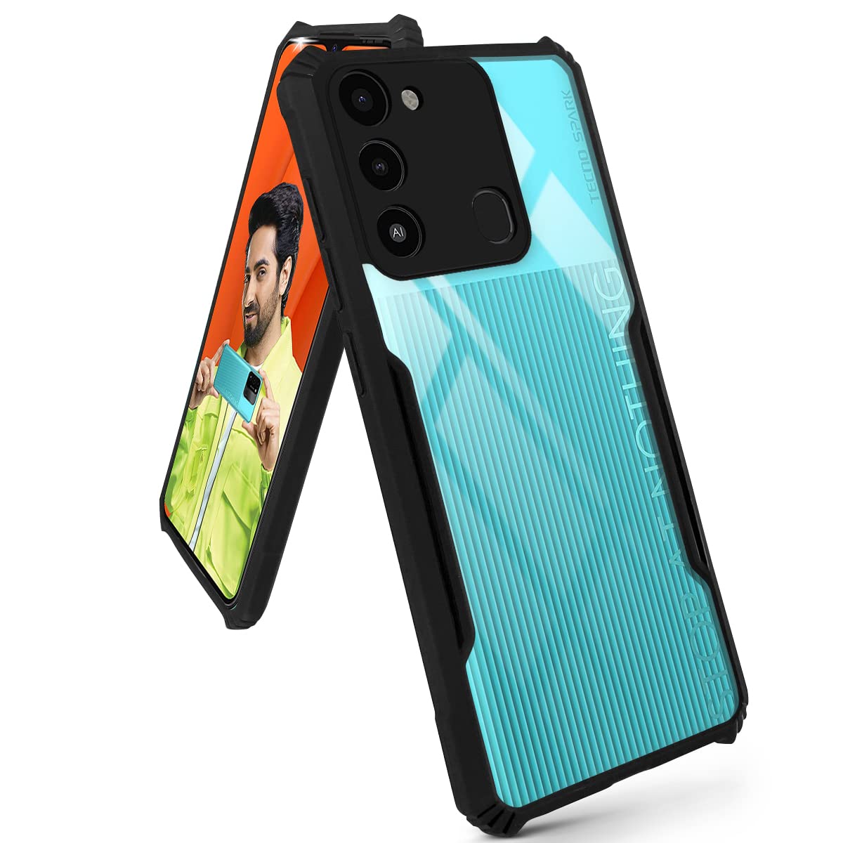 For Tecno Spark 9 Back Cover Case (Crystal Glass Back | Camera Protection | Shockproof Bumpers)