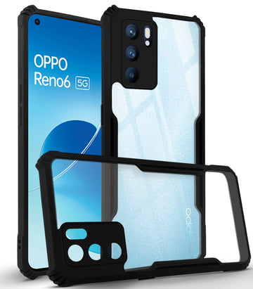For Oppo Reno6 5G | Reno 6 5G Back Cover Case (Crystal Glass Back | Camera Protection | Shockproof Bumpers | Professional Black)