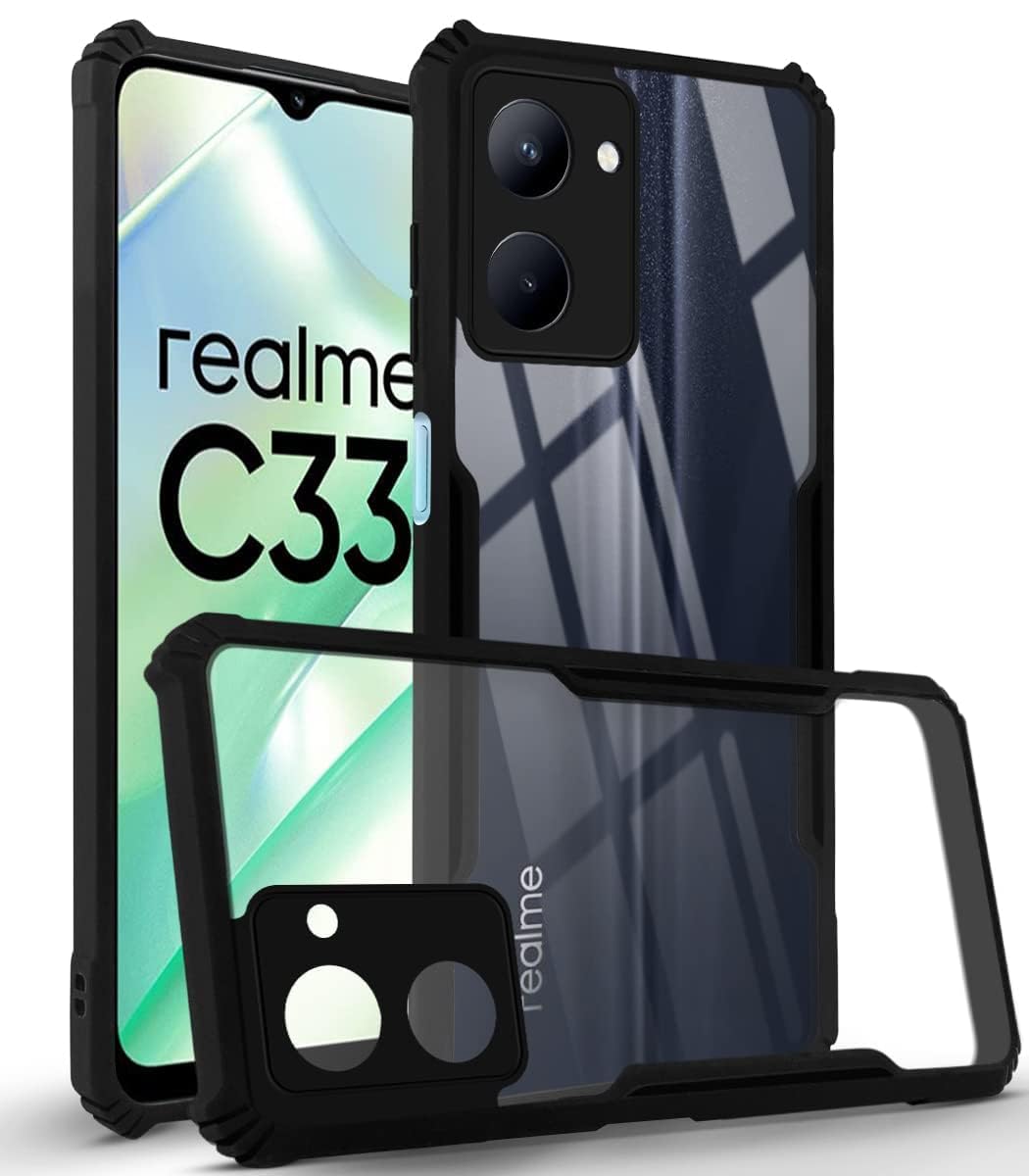 For Realme C33  Back Case Cover (Polycarbonate with Shockproof Clear Panel | Crystal Glass Back | Camera Protection | Black)