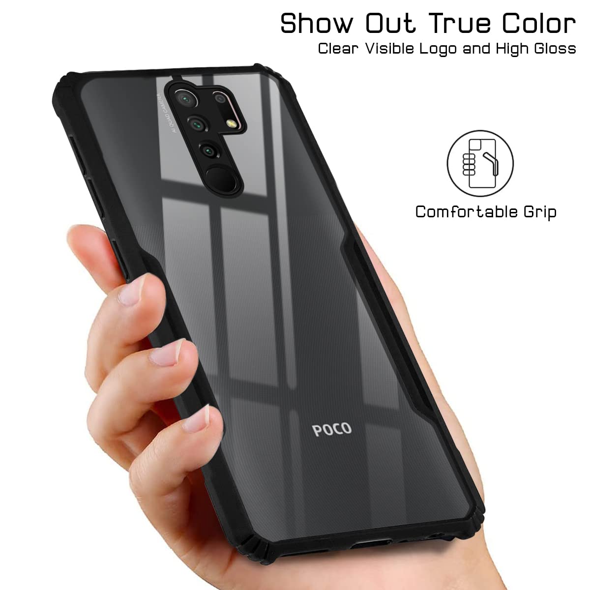 For Poco M2 Back Cover Case (Crystal Glass Back | Camera Protection | Shockproof Bumpers)