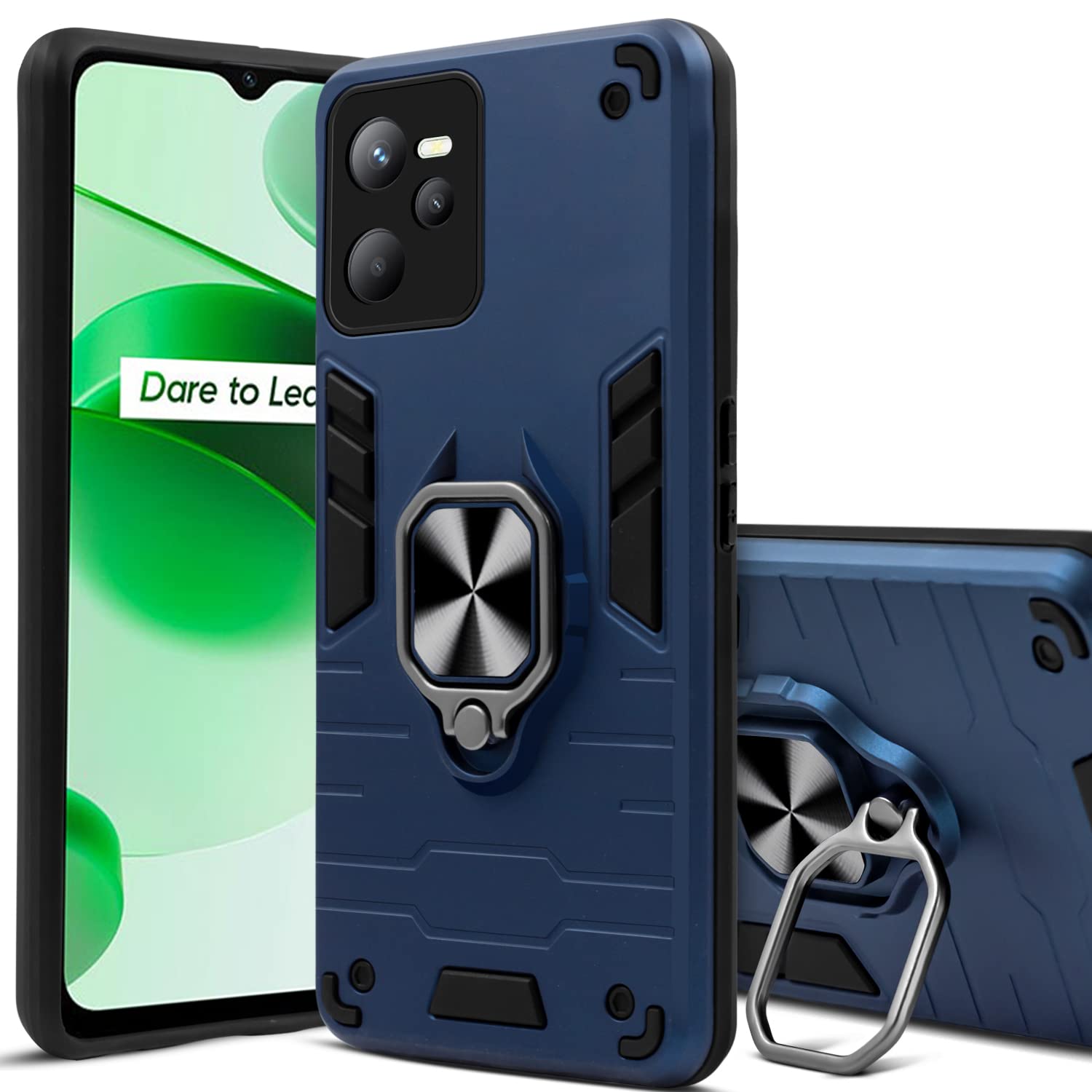 For Realme C35 Back Cover Case (Dual Layer Hybrid Armor | Ring Holder & Kickstand in-Built | 360 Degree Shockproof)