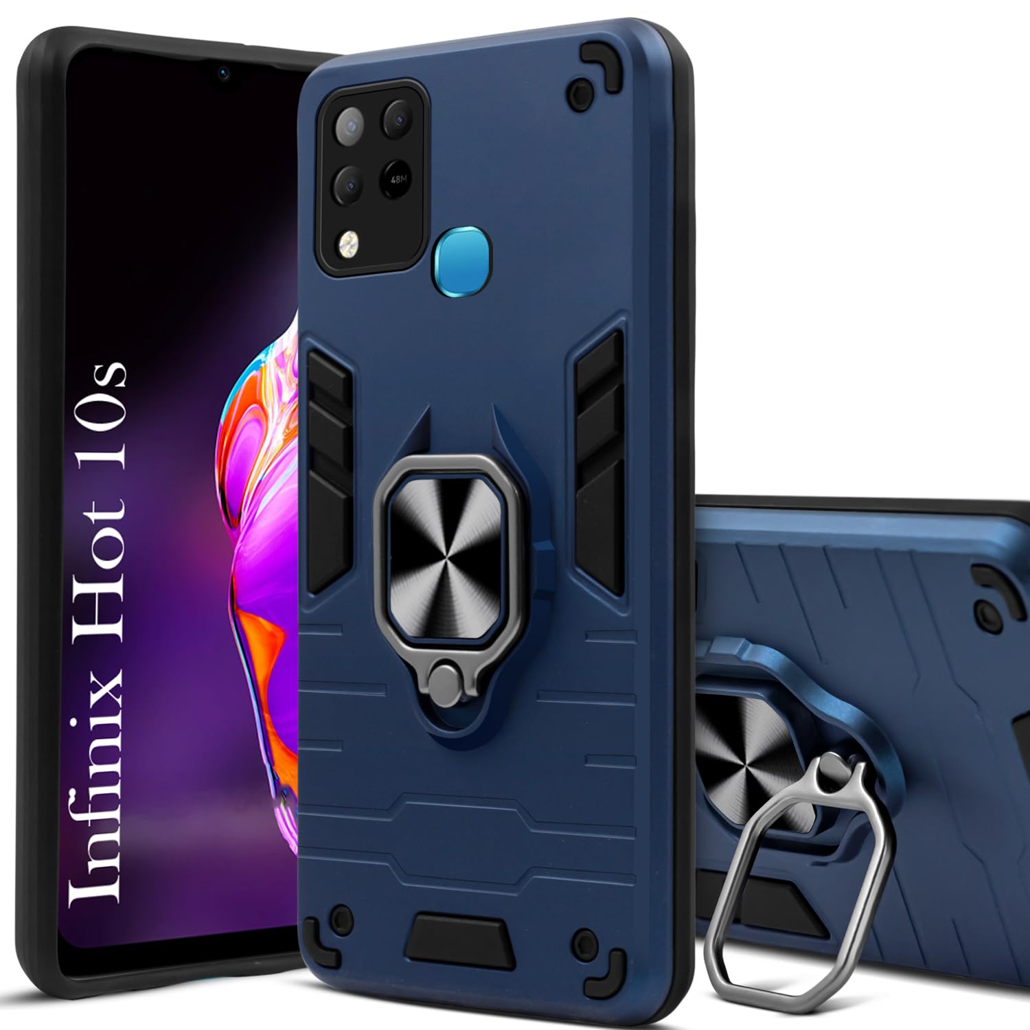 For Infinix Hot 10s Back Cover Case (Dual Layer Hybrid Armor | Ring Holder & Kickstand in-Built | 360 Degree Shockproof Protection)