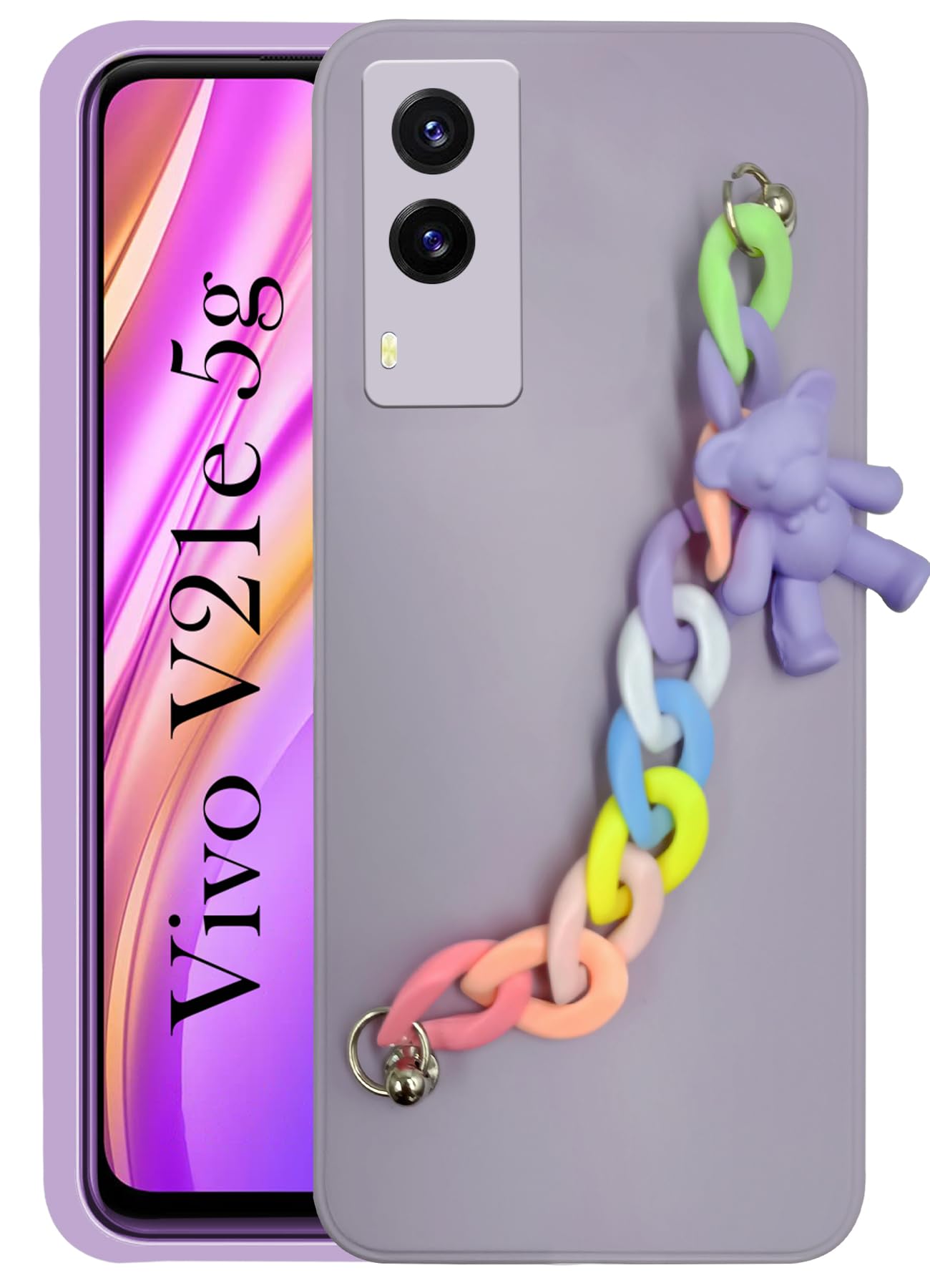 For Vivo V21e 5G Back Cover Girls Case with Bracelet (Wrist Hanging Chain | Teddy Toy Cartoon | Matte Pink)