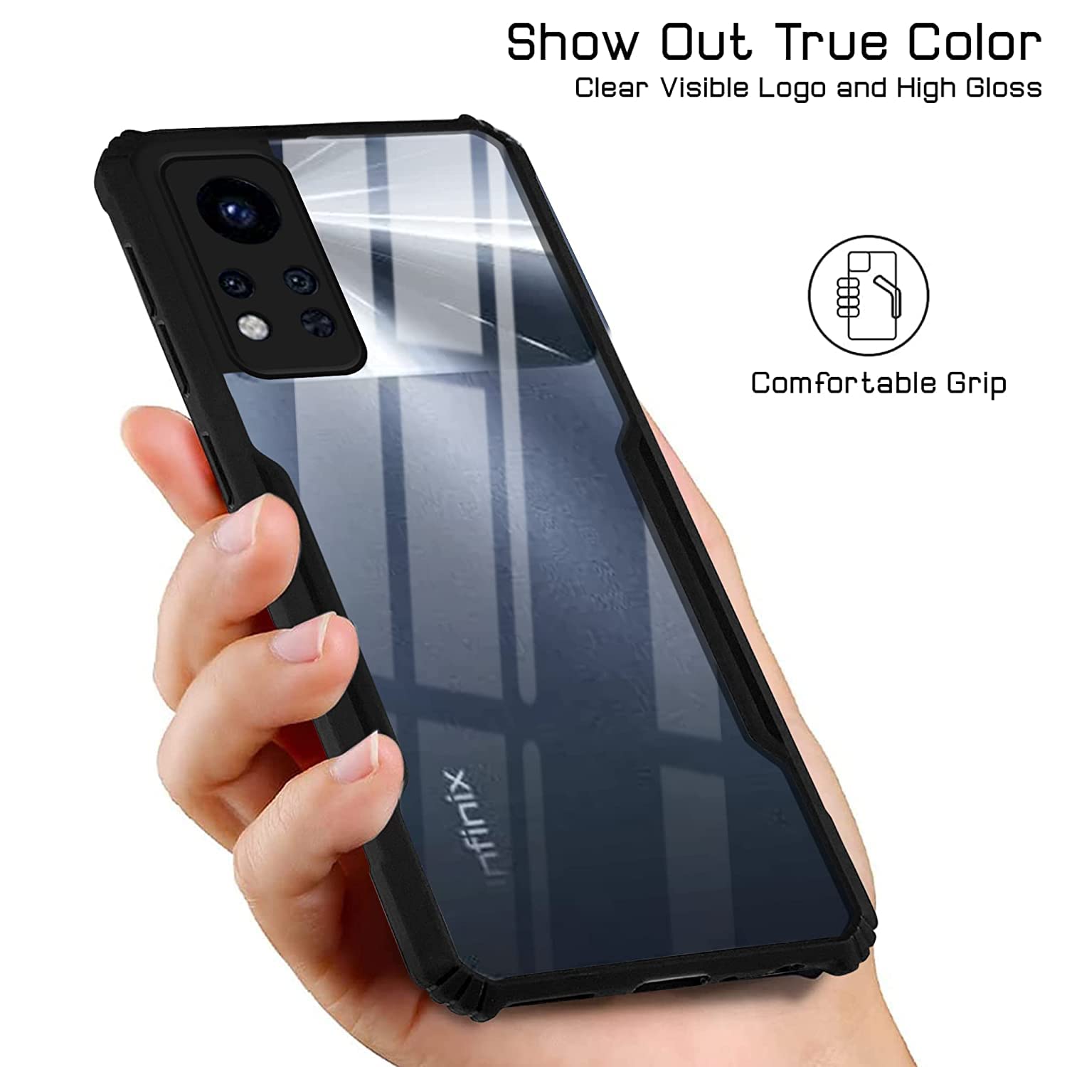 For Infinix Note 12i (2022) Back Case Cover (Shockproof with Polycarbonate Clear Panel | Professional Black)