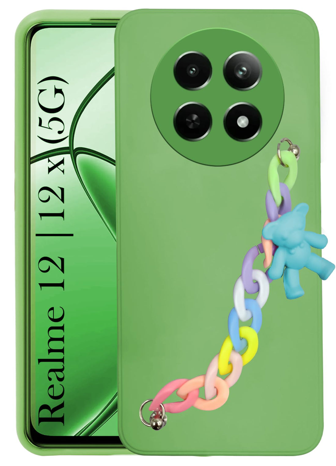 For Realme 12 | Realme 12X Back Cover Girls Case with Bracelet (Wrist Hanging Chain | Teddy Toy Cartoon)