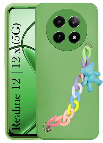 For Realme 12 | Realme 12X Back Cover Girls Case with Bracelet (Wrist Hanging Chain | Teddy Toy Cartoon)