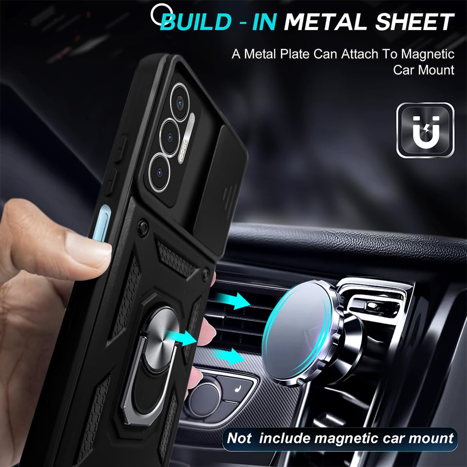 For Tecno Pova 3 Back Cover Case (Sliding Shutter Camera Protection | Polycarbonate |Ring Holder Kickstand)