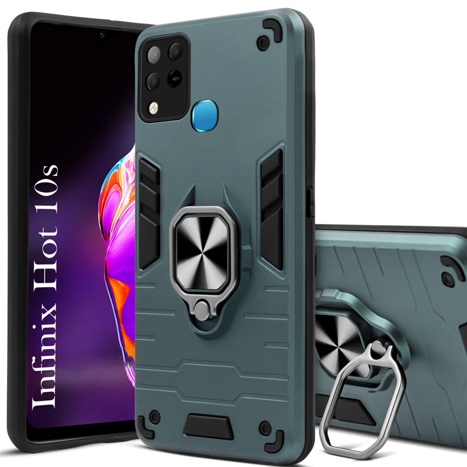 For Infinix Hot 10s Back Cover Case (Dual Layer Hybrid Armor | Ring Holder & Kickstand in-Built | 360 Degree Shockproof Protection)