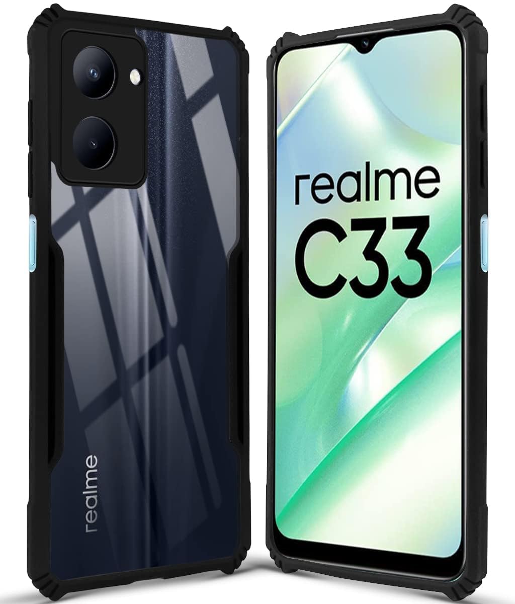 For Realme C33  Back Case Cover (Polycarbonate with Shockproof Clear Panel | Crystal Glass Back | Camera Protection | Black)