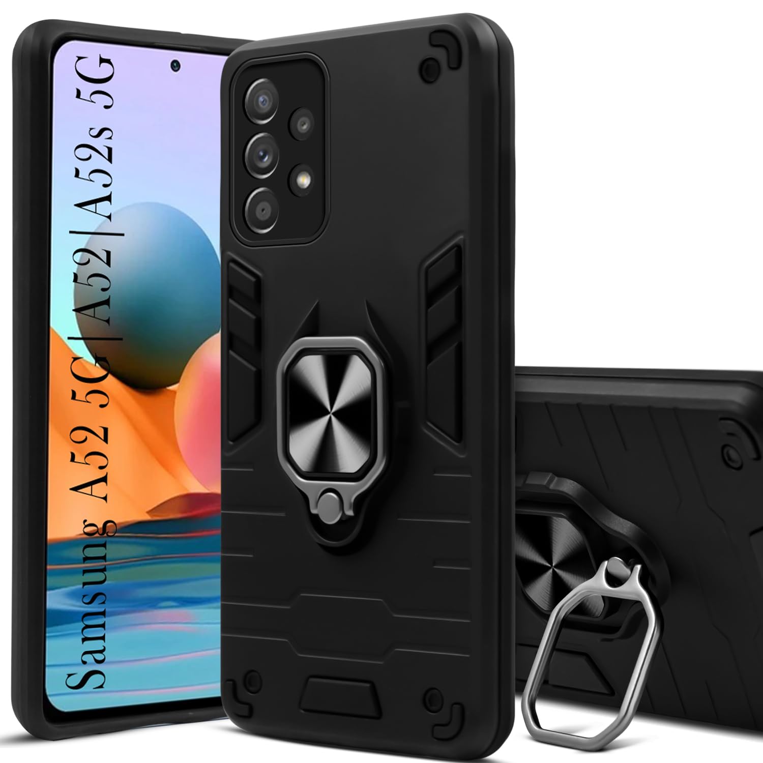 For Samsung Galaxy A52 | A52 5G | A52s 5G Back Cover Case (Dual Layer Hybrid | Ring Holder & Kickstand | 360 Degree Shockproof)